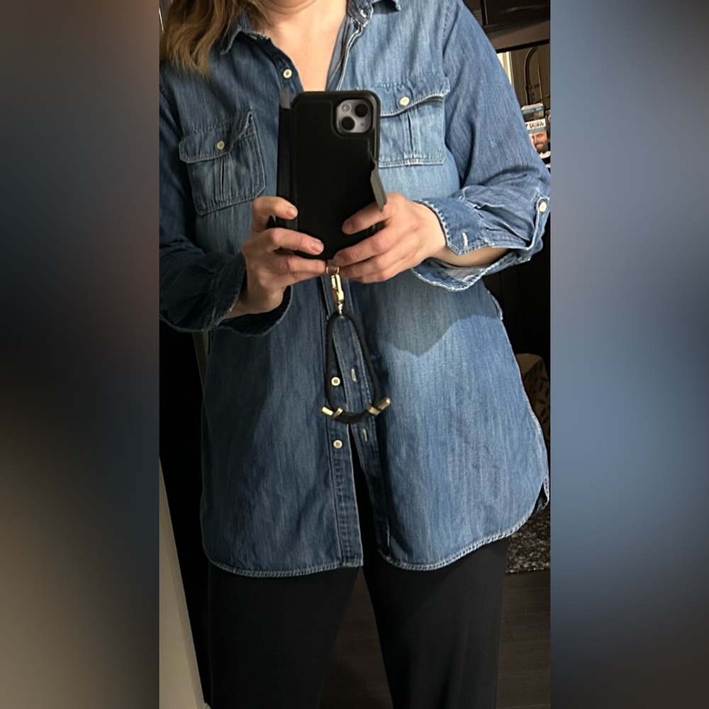 Size Large Joe fresh Denim Button-Up Shirt missing belt and tiny hole see pics